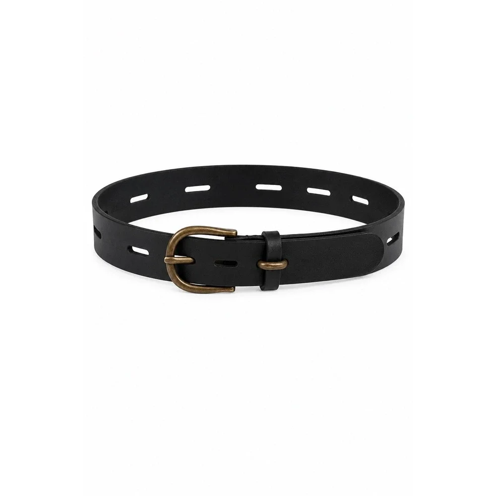 Black Leather‎ Belt 44-46 Inch Antique Brass Buckle Western Statement Unisex